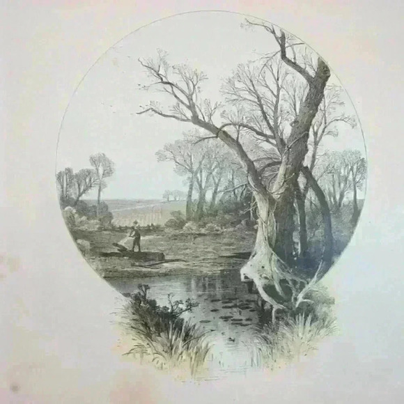 Art Print Farm & Stream in Autumn Fall Trees Poem The Aldine Antique 1870s RARE - Picture 2 of 12